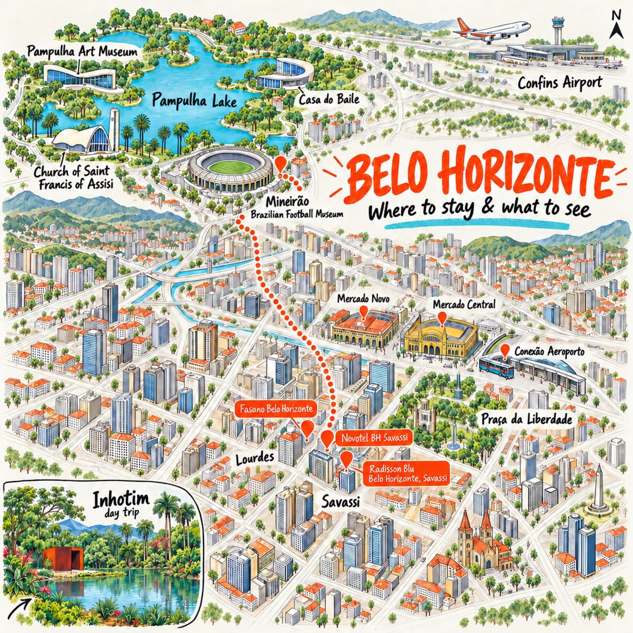 Mapa ilustrado de Belo Horizonte con hoteles en Savassi y Lourdes, el Mineirão, hitos de Pampulha, el Mercado Central, el aeropuerto de Confins y una excursión a Inhotim